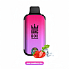 A pink and purple gradient vape device labeled "BANG BOX," with images of strawberries, mint leaves, and ice cubes, labeled "sour raspberry ice."
