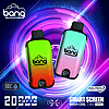 Two colorful disposable vape devices with a "Bang" logo on a vibrant, futuristic background; one device is green and red, and the other is pink and blue. The image highlights features like "20000 puffs," "smart screen," "dual mesh coil," and "Type-C charging."