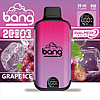 Disposable vape device with a pink and purple gradient design labeled "Vape With A Bang." Features include "Grape Ice" flavor, 28ml e-liquid, 850mAh battery, dual mesh technology, and a screen showing 100% charge.