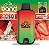 Colorful disposable vape device with "Vape with a Bang" logo, strawberry and watermelon imagery, 2500 puffs, indicating 28ml e-liquid, 850mAh battery, and dual mesh technology.