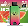 Disposable vape device with a gradient color design, labeled "Vape with a Bang" featuring watermelon slices and ice cubes in the background, 28ml e-liquid, 850mAh battery, and dual mesh coil.