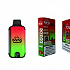 Vape product packaging displaying a colorful disposable vape device and boxes with product details and warning labels about nicotine.