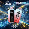 Vape products with "bang" branding, featuring "25,000 puffs" text, set against a futuristic, cosmic-themed background.