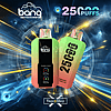 Bang disposable vape with "25,000 puffs" text, featuring two colorful vape devices labeled "Double Mesh" and "Strawberry Watermelon," set against a cosmic background with glowing blue and yellow lines and a "VapeDShop" logo.