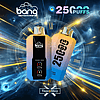 Bang disposable vape devices featuring "25,000 puffs" branding, with a futuristic background of glowing lines and clock imagery.