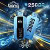 Two blue vape devices from the Bang brand, labeled "25,000 puffs," with digital screens, set against a futuristic background with glowing streaks of light and a clock face.