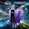 Purple disposable vape device branded "Bang" with "25,000 puffs" text and a digital display showing battery levels, set against a futuristic clock and energy background.
