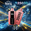 Two pink disposable vape devices labeled "bang" and "25,000 puffs" with digital displays showing battery and e-liquid levels, set against a futuristic background with clocks and swirling lights.