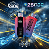 Bang disposable vape devices, featuring a sleek design with "25,000 puffs" text and branding, displayed against a futuristic, cosmic-themed background with the Vape D Shop logo.
