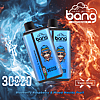 Bang disposable vape with 3000 puffs in Blueberry Raspberry & Mixed Mouldy Fruit flavor, featuring a stylized monkey logo, against a background of blue and orange smoke.