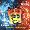 Two Bang disposable vape devices with colorful gorilla logos, displaying "3000 puffs" and "Watermelon Ice & Strawberry and Mango" flavors, set against a background of swirling blue and orange smoke.