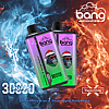 Two colorful vape devices labeled "Bang Disposable" with a gorilla wearing a Santa hat and sunglasses on the packaging. The image background features contrasting blue and orange abstract elements, representing ice and fire. The text on the image reads "3000 Puffs," with flavor names "Strawberry Kiwi & Sour Apple Raspberry."