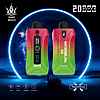 Two colorful vape devices labeled "Bang Beach" and "Watermelon Ice" with a red-to-green gradient design, set against a cosmic background. Text highlights features: 20,000 puffs, 35ml, Type-C charging, 650mAh battery, and dual mesh coil.