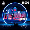 A digital advertisement showcasing a disposable vape device with 20,000 puffs capacity, labeled "Bang Beach" and "Blueberry Raspberry." The packaging features vibrant blue and pink colors, a gorilla illustration, and technical details like 35ml capacity, Type-C charging, 650mAh battery, and dual mesh coil.