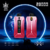 Two pink vape devices labeled "Bang Beach" and "Strawberry Ice" with a screen displaying "20000 puffs" in front of a cosmic background, featuring icons for 35ml, Type-C, 650mAh, and dual mesh.