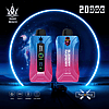 Two vape devices labeled "Bang Beach" and "Blueberry Raspberry" with a neon blue and pink color gradient, a digital display, and "20,000 puffs" text in a futuristic background.