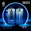 Two blue disposable vapes labeled "Bang Beach" and "Blue Razz Ice" with 20,000 puffs, Type-C charging, 35ml capacity, 650mAh battery, and dual mesh coil, set against a futuristic background.