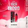 "Red vape device with 18,000 puffs, mesh coil, rechargeable via Type-C, watermelon flavor."