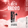 Disposable vape device with "Vape with a Bang" branding, offering 18,000 puffs with a strawberry watermelon flavor. Features include a Type-C rechargeable port, 650mAh battery, adjustable airflow, and 0.6 ohm mesh coil. Packaging warns about nicotine as an addictive chemical.
