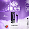 Vape product advertisement for a purple disposable vape labeled "Bang" with "18,000 Puffs" and "Mixed Fruits" flavor, showing a rechargeable device with mesh coil and various features listed.