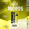 Yellow-themed advertisement for a disposable vape device featuring "18,000 puffs" in large white text, with the flavor "Pineapple Coconut." The device has a mesh coil, is rechargeable via Type-C, and has adjustable airflow.