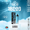 Bang disposable vape with "Blueberry Raspberry" flavor, offering 18,000 puffs, rechargeable via Type-C, featuring a 650mAh battery, adjustable airflow, and 0.6ohm mesh coil.