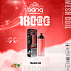 Vape product advertisement featuring a "Bang" disposable vape device with "Peach Ice" flavor, offering 18,000 puffs, a rechargeable Type-C battery, and adjustable airflow.