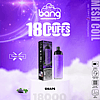 Promotional image for a grape-flavored "Vape with a Bang" disposable vape featuring 18,000 puffs, rechargeable via Type-C, with a mesh coil and 650mAh battery.