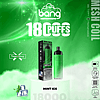 A green-themed advertisement for Bang Disposable Vape with "18000 PUFFS" in large text, featuring a mint ice flavor, mesh coil, and Type-C rechargeable battery, alongside product packaging and nicotine warning.