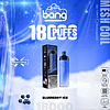 "Blueberry Ice vape packaging displaying 18,000 puffs, 650mAh battery, mesh coil, and adjustable airflow features, with blueberries and a warning label about nicotine content."