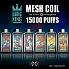 Bang King disposable vape devices with various colorful designs, featuring mesh coils, Type-C rechargeability, and offering 15,000 puffs.