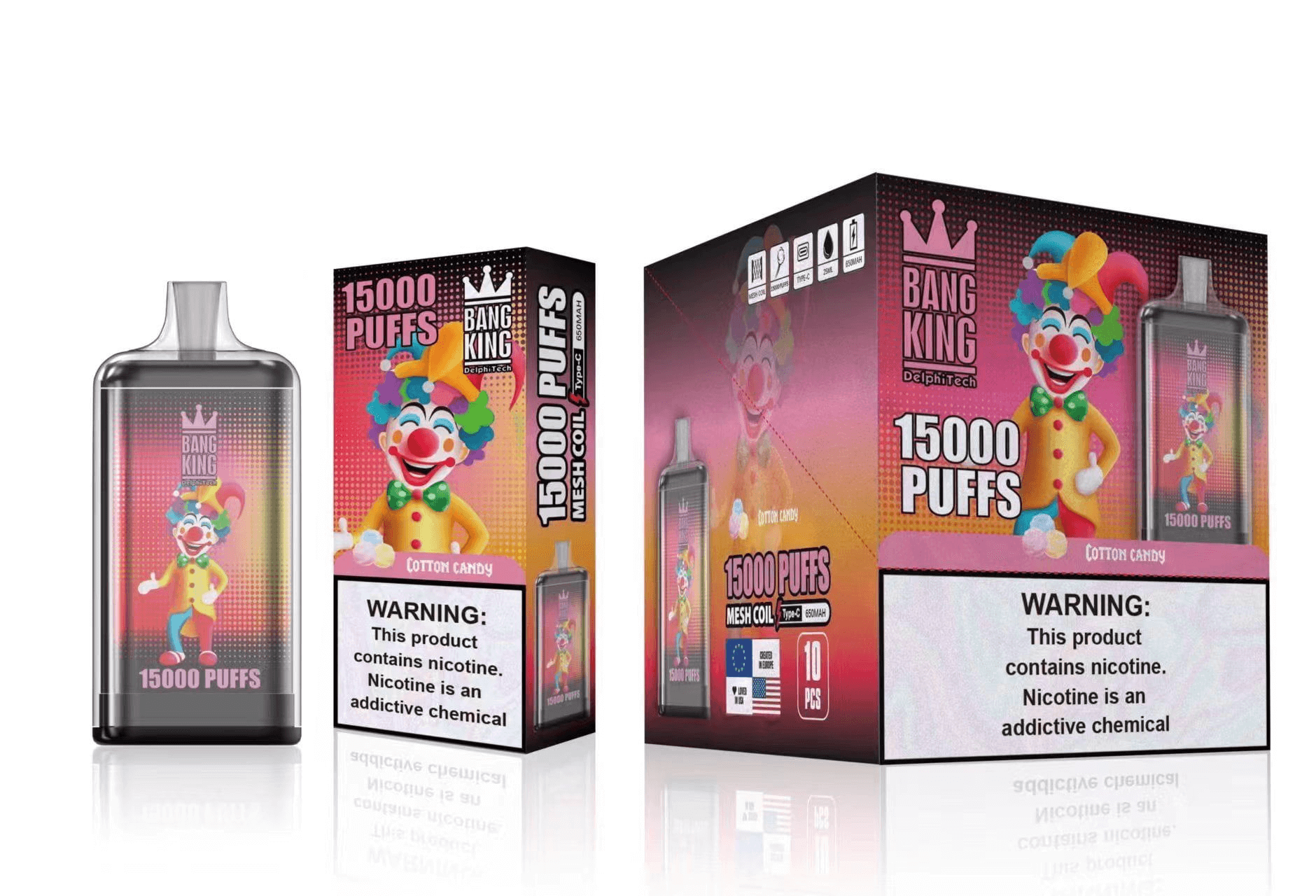 Packaging of a vape product called "Bang King" with "15000 Puffs" featuring a colorful clown design and a nicotine warning label.