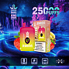 A colorful disposable vape device labeled "Bang King" with 25,000 puffs, featuring a vibrant design with a skull logo, surrounded by strawberries, bananas, and a warning label about nicotine.