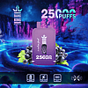 A purple vape device labeled "Bang King" with 25,000 puffs, featuring black grapes and a futuristic forest background. Icons indicate a 650mAh battery, 23ml capacity, and Type-C charging.