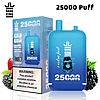 A blue Bang King disposable vape labeled "25000 Puffs" with packaging showing flavor options and a warning about nicotine.