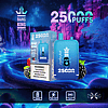 Blue vaping device and packaging labeled "BANG KING" with "25000 PUFFS" displayed prominently against a vibrant, futuristic forest background with glowing purple and blue hues.
