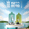 Two colorful vape devices with ape illustrations, labeled "Bang King" and "15,000 puffs," are displayed on a platform by a serene lake with a blue sky and clouds in the background.