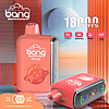 Red disposable vape device with "Bang" branding, labeled "Pulse" and "Juicy Peach Ice" flavor. The device advertises 18,000 puffs, a 650mAh battery, 26ml e-liquid capacity, Type-C charging, and 1.0Ω mesh coil. The design includes a planetary graphic and digital display.