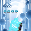 Bang disposable vape in blue color with "Blue Razz Ice" flavor, featuring Type-C charging, 650mAh battery, 26ml capacity, 1.0Ω mesh coil, and up to 18,000 puffs, displayed with digital screen indicators and surrounded by blue spherical elements.