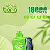 A green disposable vape device labeled "Bang Pulse" with "Sour Apple Ice" flavor, displaying "18,000 puffs" and features like a Type-C port, 650mAh battery, 26ml capacity, and a 1.0Ω mesh coil on a digital screen.