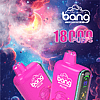 Pink disposable vape devices with "Bang" branding and a space-themed background. The devices advertise 18,000 puffs, Triple Berry Ice flavor, 650mAh battery, 26ml capacity, Type-C charging, and a 1.0Ω mesh coil.