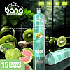 Disposable vape pen with a "Vape with a Bang" branding, featuring a kiwi, passion fruit, and guava flavor. The device includes Type-C charging, a 600mAh battery, 15ml capacity, and offers 15,000 puffs.
