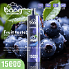 Vape device with "Bang" branding, featuring a blueberry ice flavor, offering 15,000 puffs, with product details like 600mAh battery, 15ml capacity, and Type-C charging. The background shows fresh blueberries.