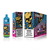 Blue and pink disposable vape pen packaging featuring a Halloween-themed skull design, with warnings about nicotine addiction.