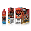 A red and blue disposable vape device with skull and firefighter helmet design, alongside its packaging showing the same design with text "Death smiles at everyone, firefighters smile back" and warnings about nicotine.