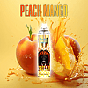 A vape product labeled "Gorillas Peach Mango" with images of a peach, mango, and splashes of juice in the background.