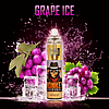 A vape device with "Grape Ice" flavor branding, featuring images of grapes, ice cubes, and a cartoon monkey logo.