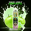 "Sour Apple vape pen with a stylized graphic of a grinning figure in sunglasses and a cap, set against green apples and splashes of green liquid."