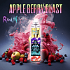 A vape device labeled "RandM Tornado 7000" with "Gorilla" branding and flavor "Apple Berry Blast," surrounded by a colorful splash of apple and berry fruits.