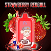 A red RandM Digital Box 12000 vape device with a digital display and an illustration of a monkey wearing a hat. The background features large strawberries, splashes of red liquid, and a small can of Red Bull. The text "STRAWBERRY REDBULL" is displayed at the top.